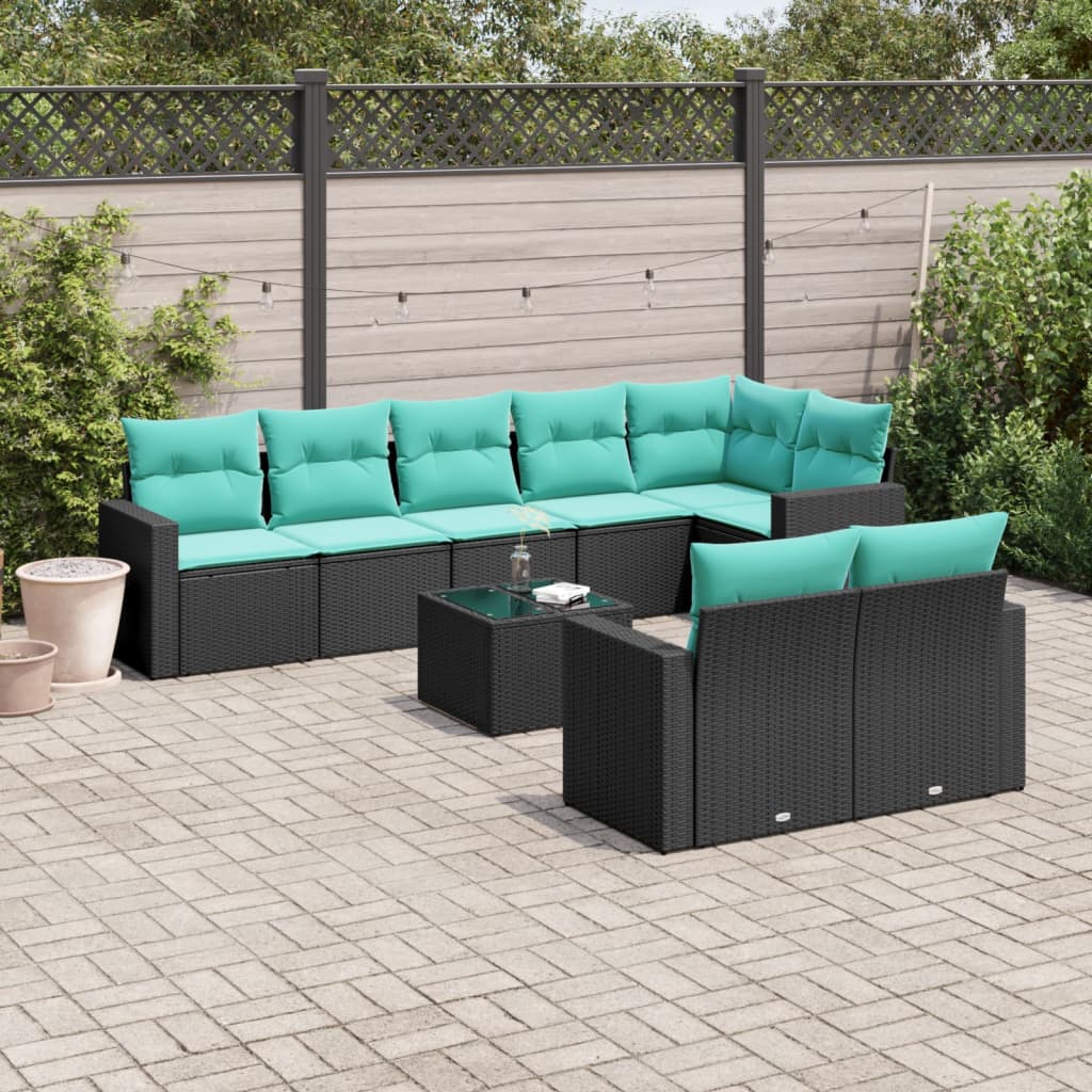9 Piece Patio Sofa Set with Cushions Black Poly Rattan