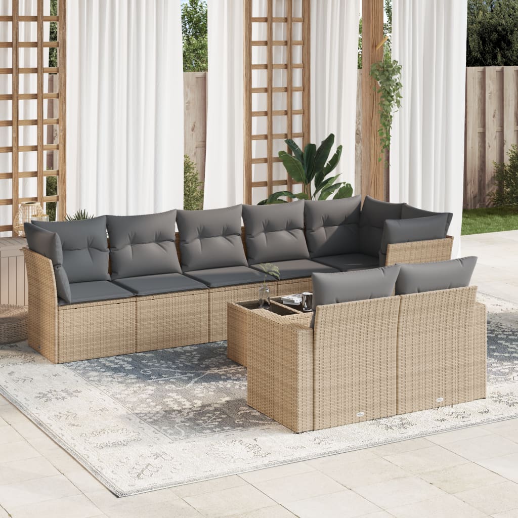 vidaXL 9-tlg. Garten-Sofagarnitur mit Kissen Beige Poly Rattan