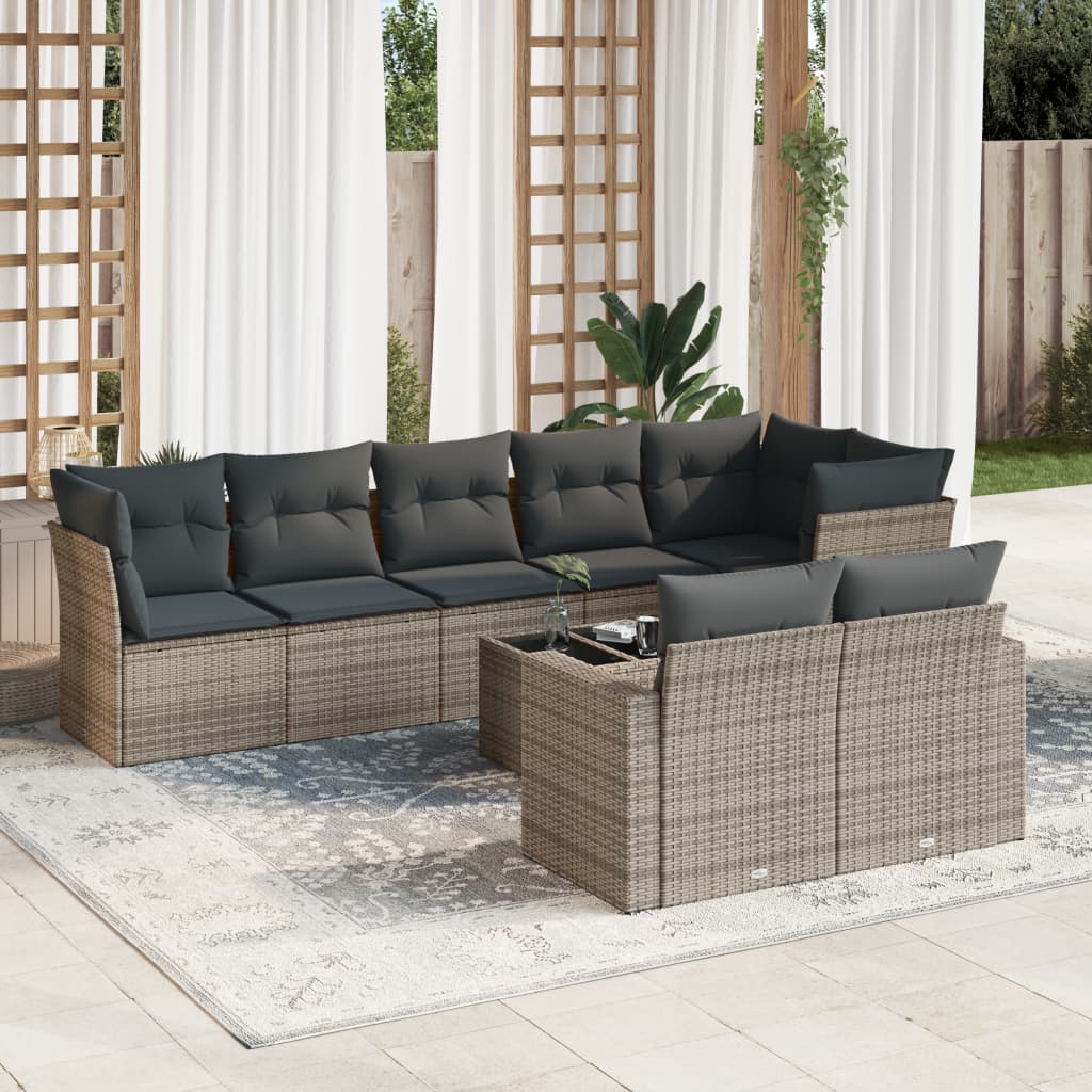 vidaXL 9-tlg. Garten-Sofagarnitur mit Kissen Grau Poly Rattan