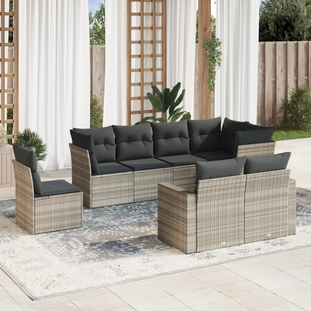 8-tlg. Garten-Sofagarnitur mit Kissen Hellgrau Poly Rattan