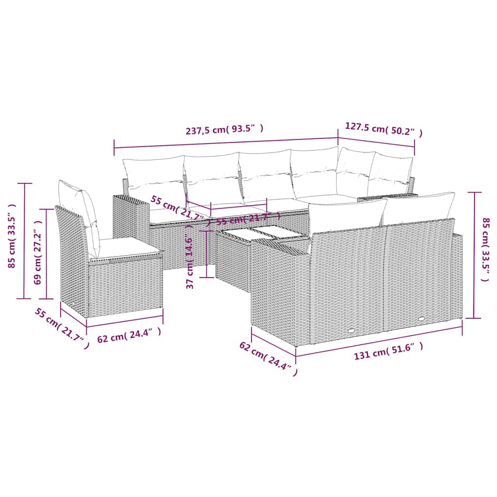 vidaXL 9-delige Loungeset met kussens poly rattan zwart afbeelding