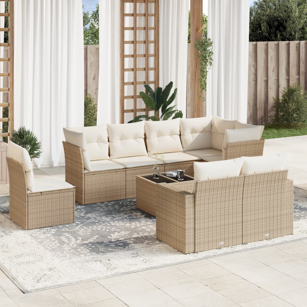 vidaXL 9-tlg. Garten-Sofagarnitur mit Kissen Beige Poly Rattan