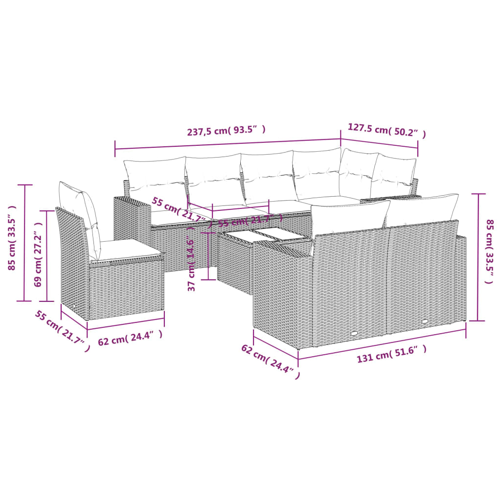 vidaXL 9-delige Loungeset met kussens poly rattan grijs afbeelding