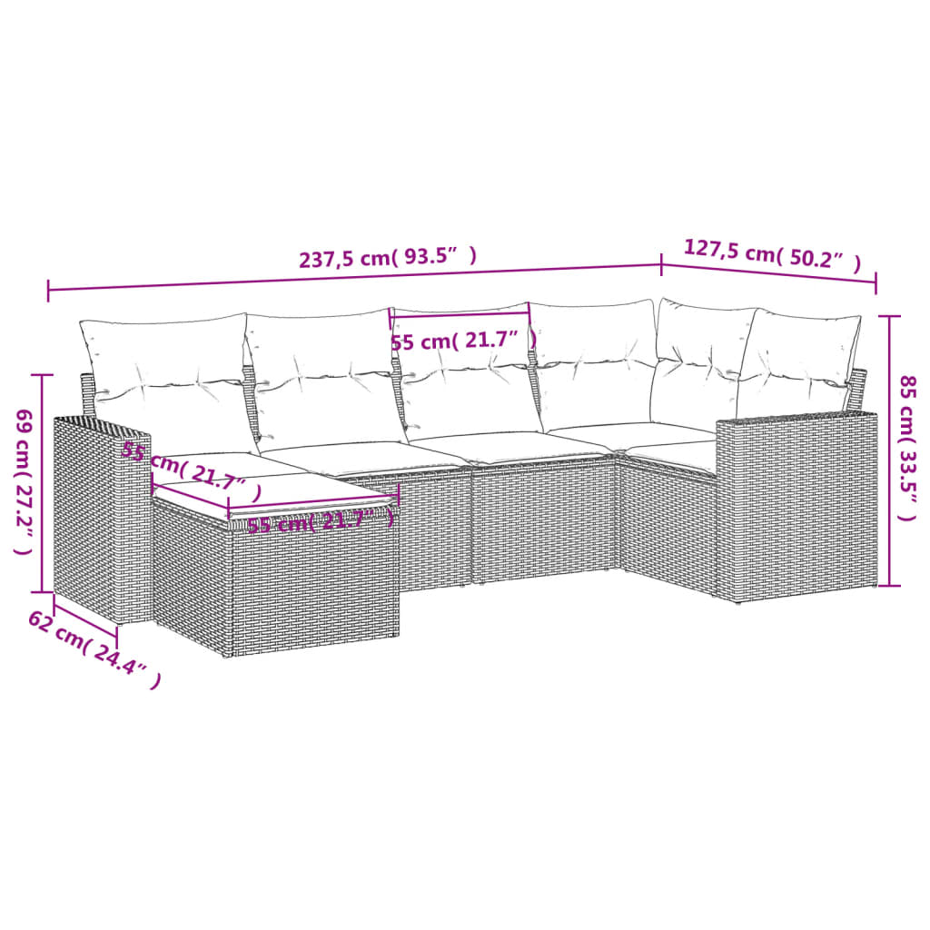vidaXL 6-delige Loungeset met kussens poly rattan zwart afbeelding