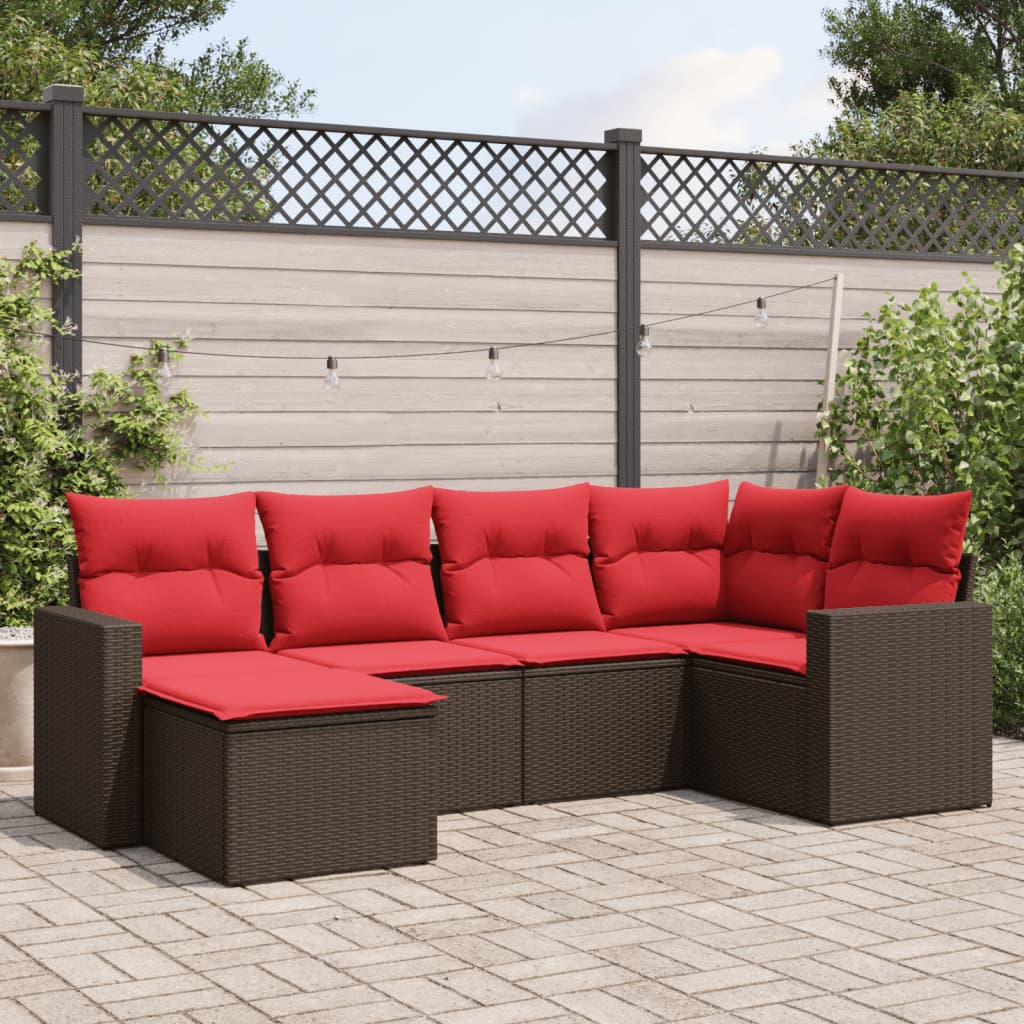 6 Piece Patio Sofa Set with Cushions Brown Poly Rattan