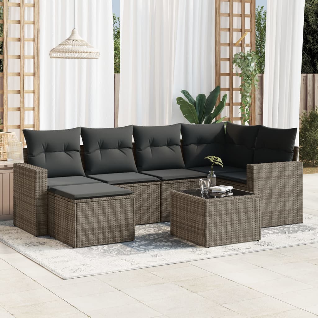 7-tlg. Garten-Sofagarnitur mit Kissen Grau Poly Rattan