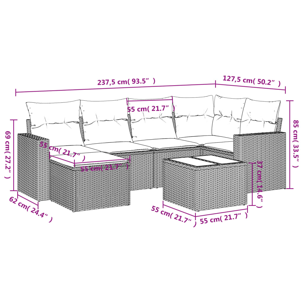 vidaXL 7-delige Loungeset met kussens poly rattan bruin