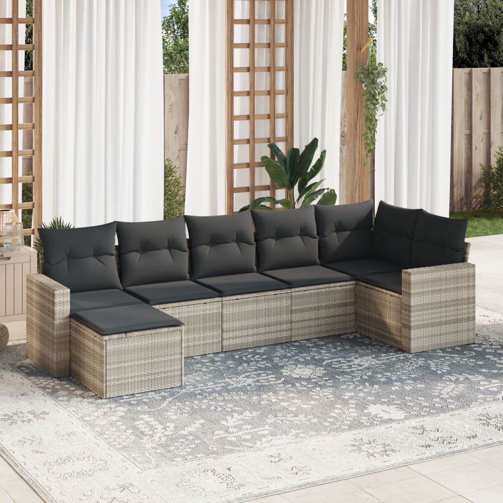 vidaXL 7-tlg. Garten-Sofagarnitur mit Kissen Hellgrau Poly Rattan