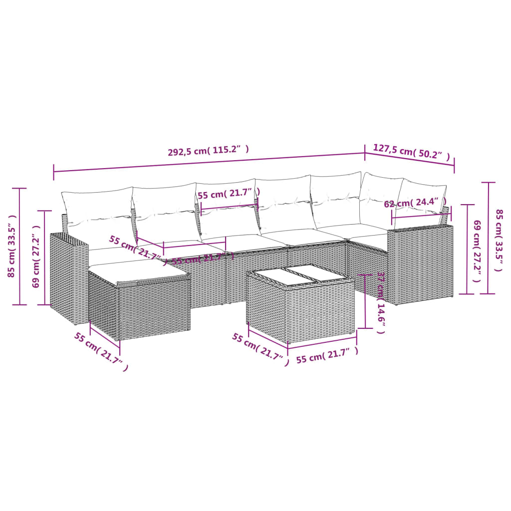 vidaXL 8-delige Loungeset met kussens poly rattan beige