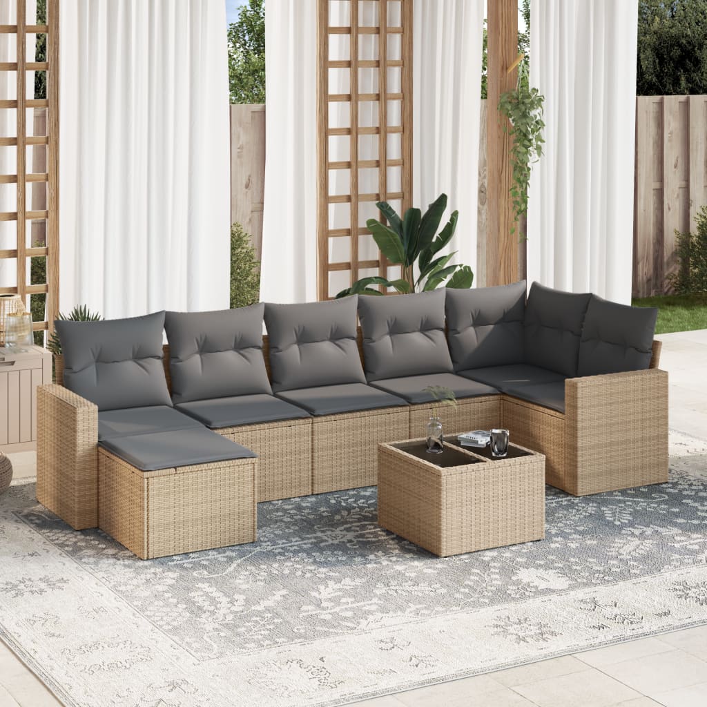 8-tlg. Garten-Sofagarnitur mit Kissen Beige Poly Rattan