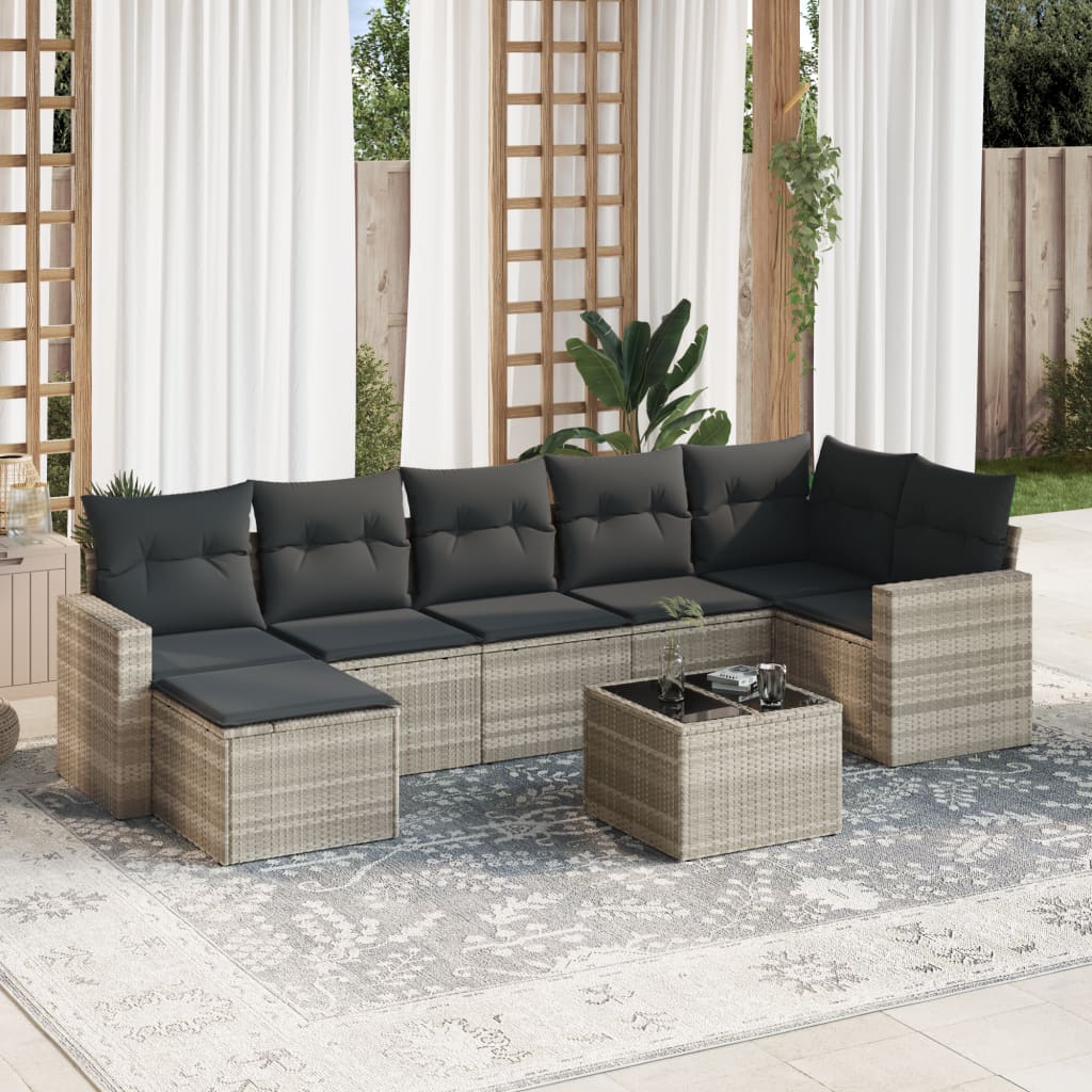 vidaXL 8-tlg. Garten-Sofagarnitur mit Kissen Hellgrau Poly Rattan