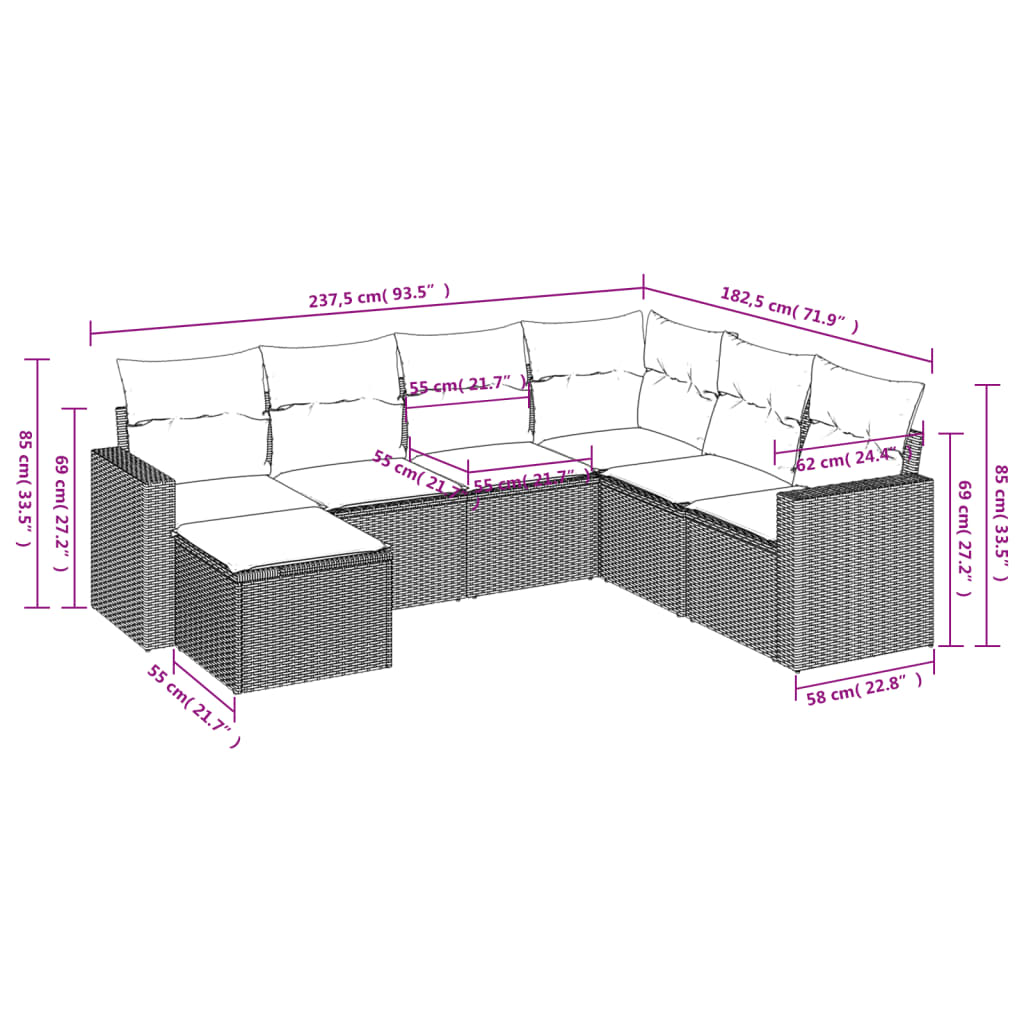 vidaXL 7-delige Loungeset met kussens poly rattan zwart afbeelding
