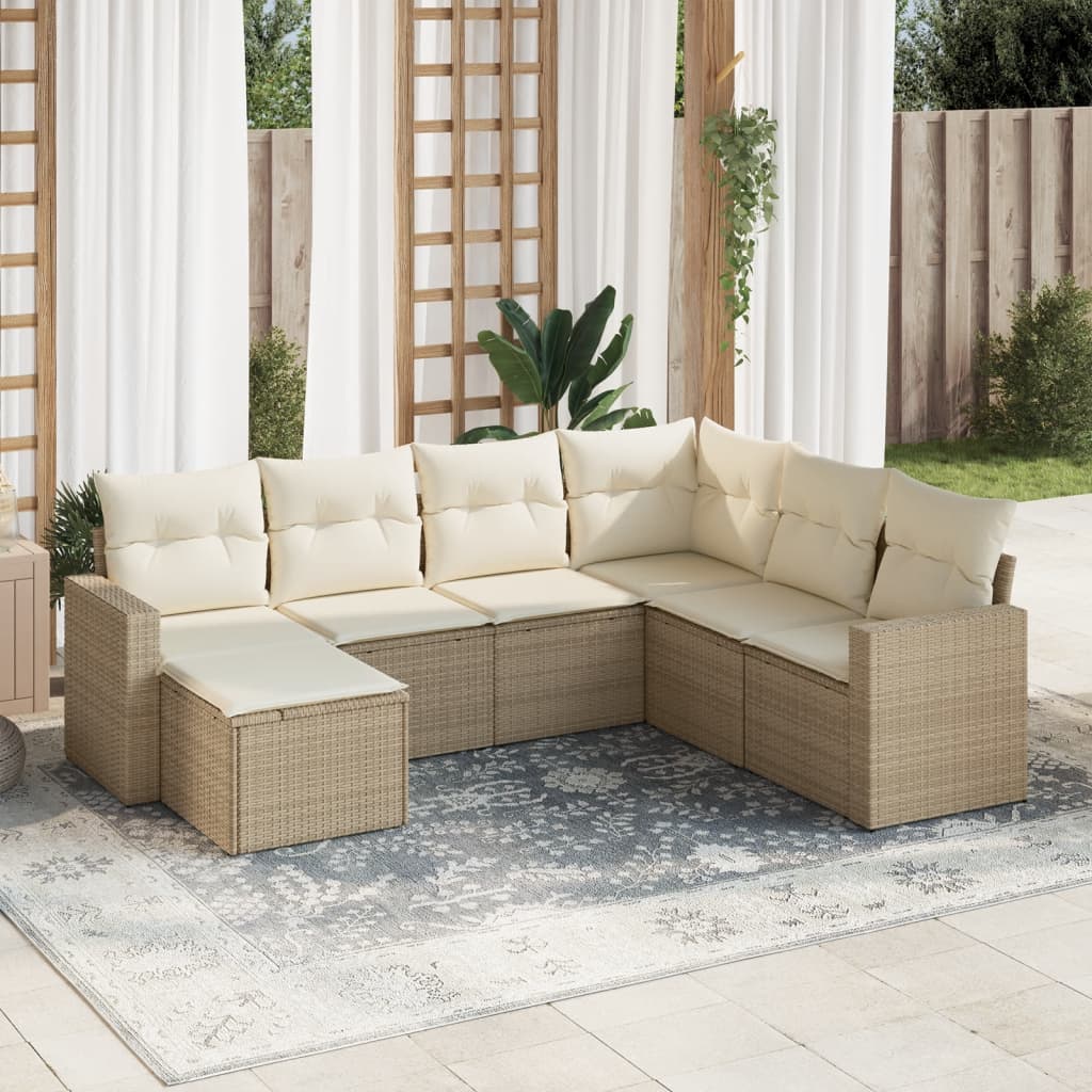 vidaXL 7-tlg. Garten-Sofagarnitur mit Kissen Beige Poly Rattan