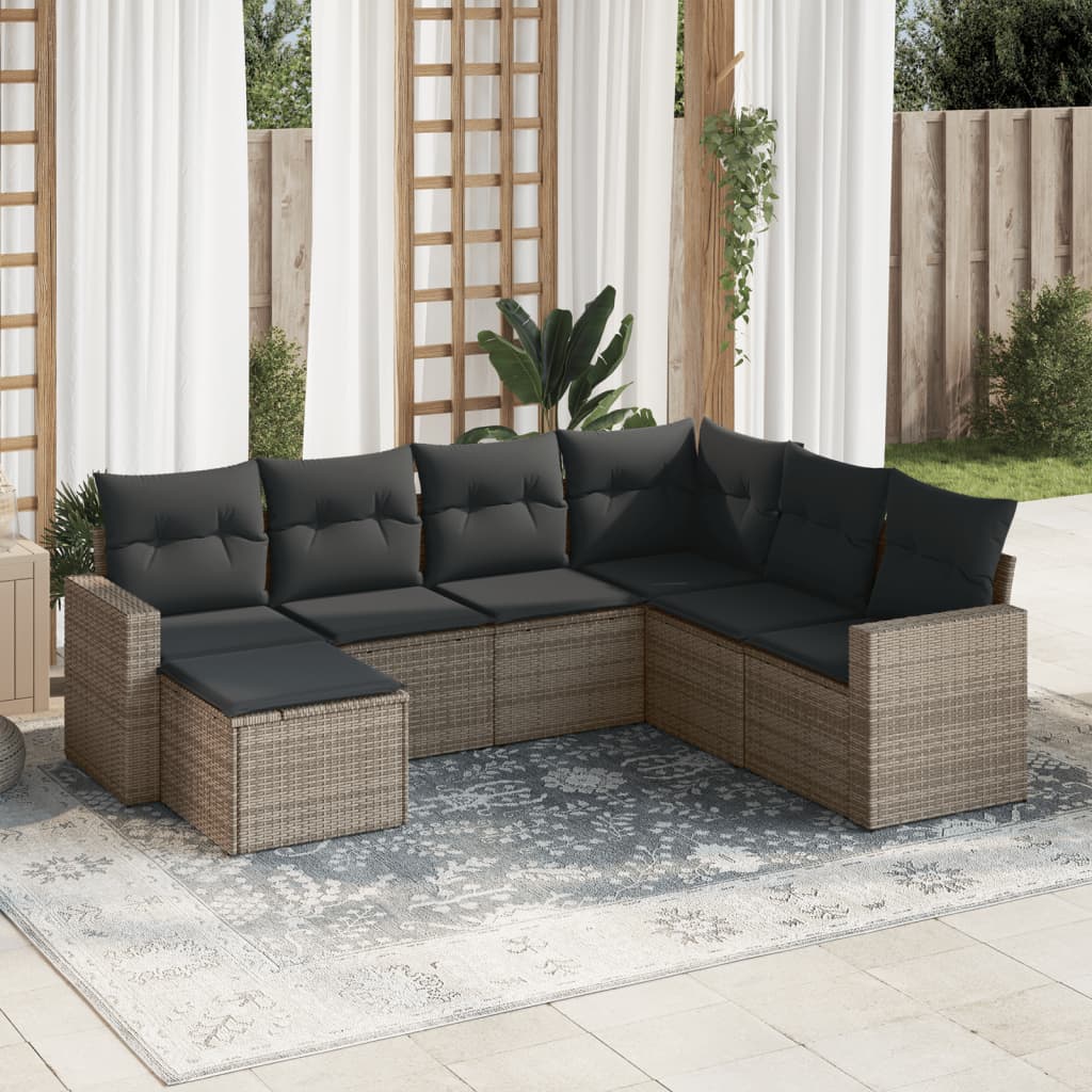 vidaXL 7-tlg. Garten-Sofagarnitur mit Kissen Grau Poly Rattan