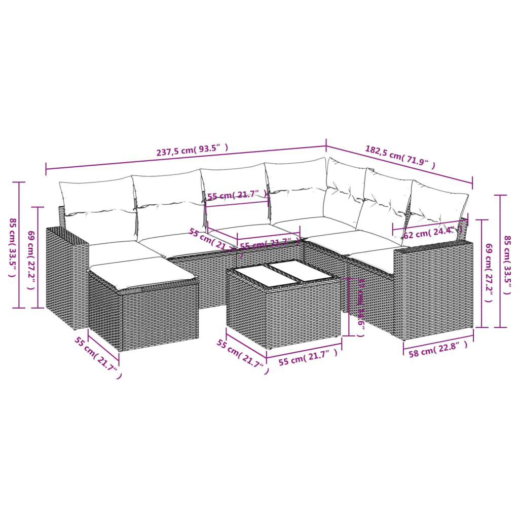 vidaXL 8-delige Loungeset met kussens poly rattan beige afbeelding