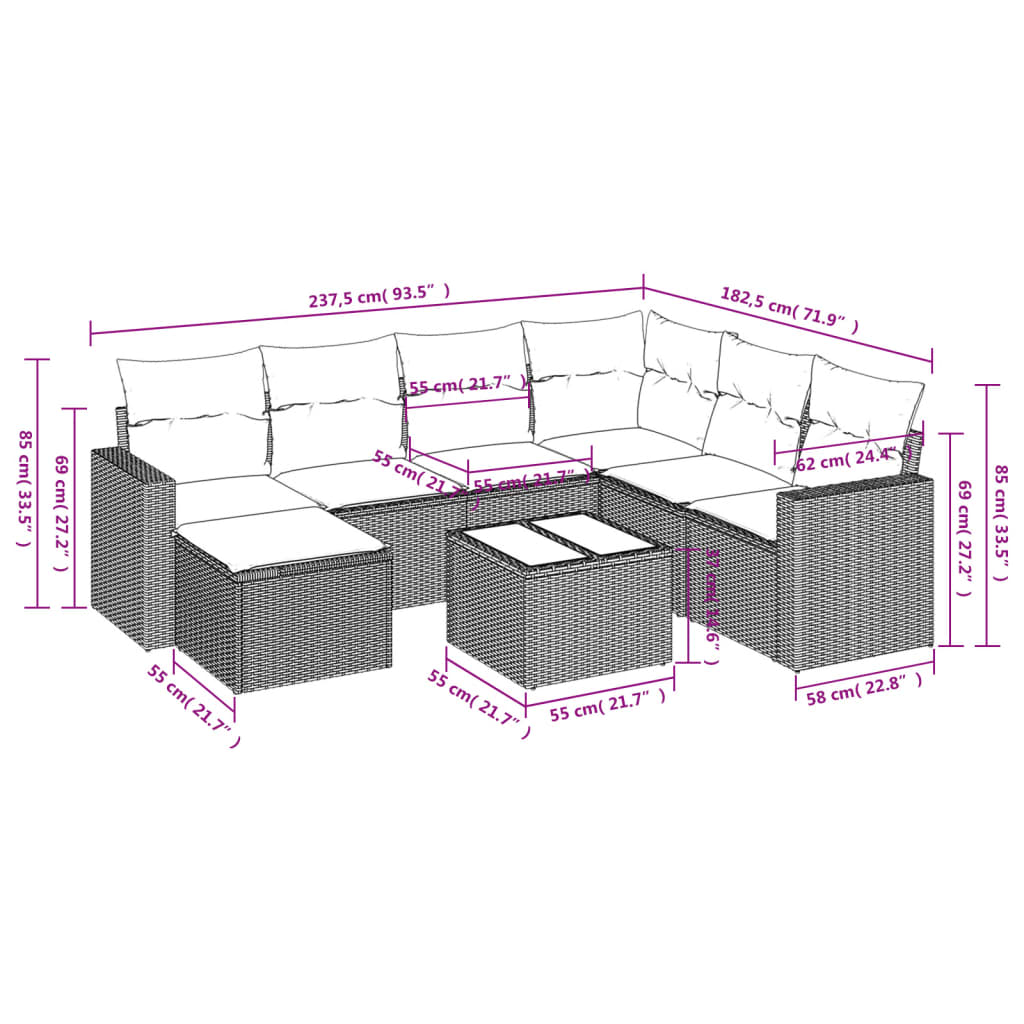 vidaXL 8-delige Loungeset met kussens poly rattan bruin