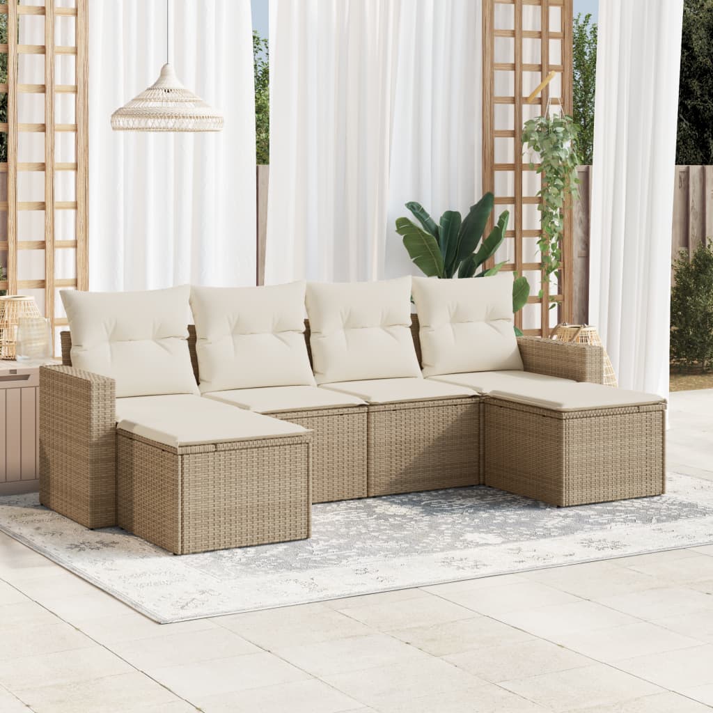 vidaXL 6-tlg. Garten-Sofagarnitur mit Kissen Beige Poly Rattan