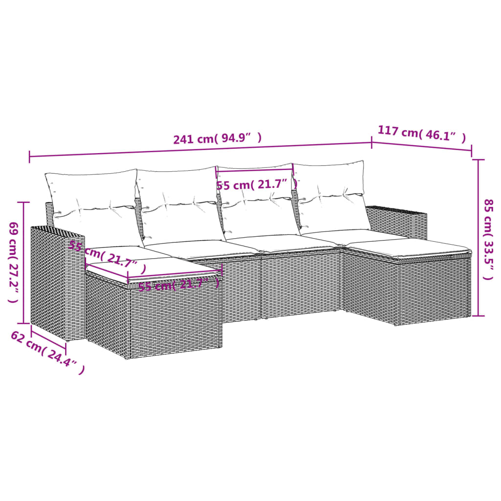 vidaXL 6-delige Loungeset met kussens poly rattan grijs afbeelding