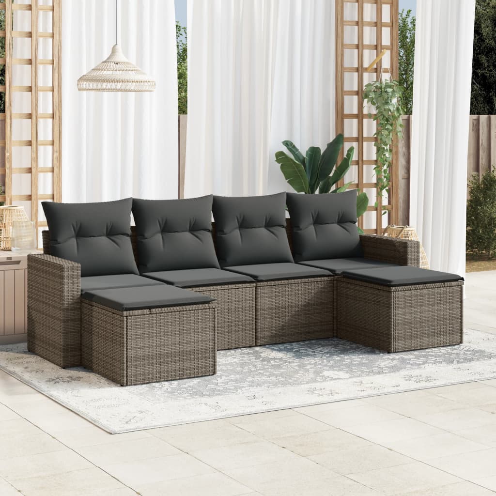 vidaXL 6-tlg. Garten-Sofagarnitur mit Kissen Grau Poly Rattan