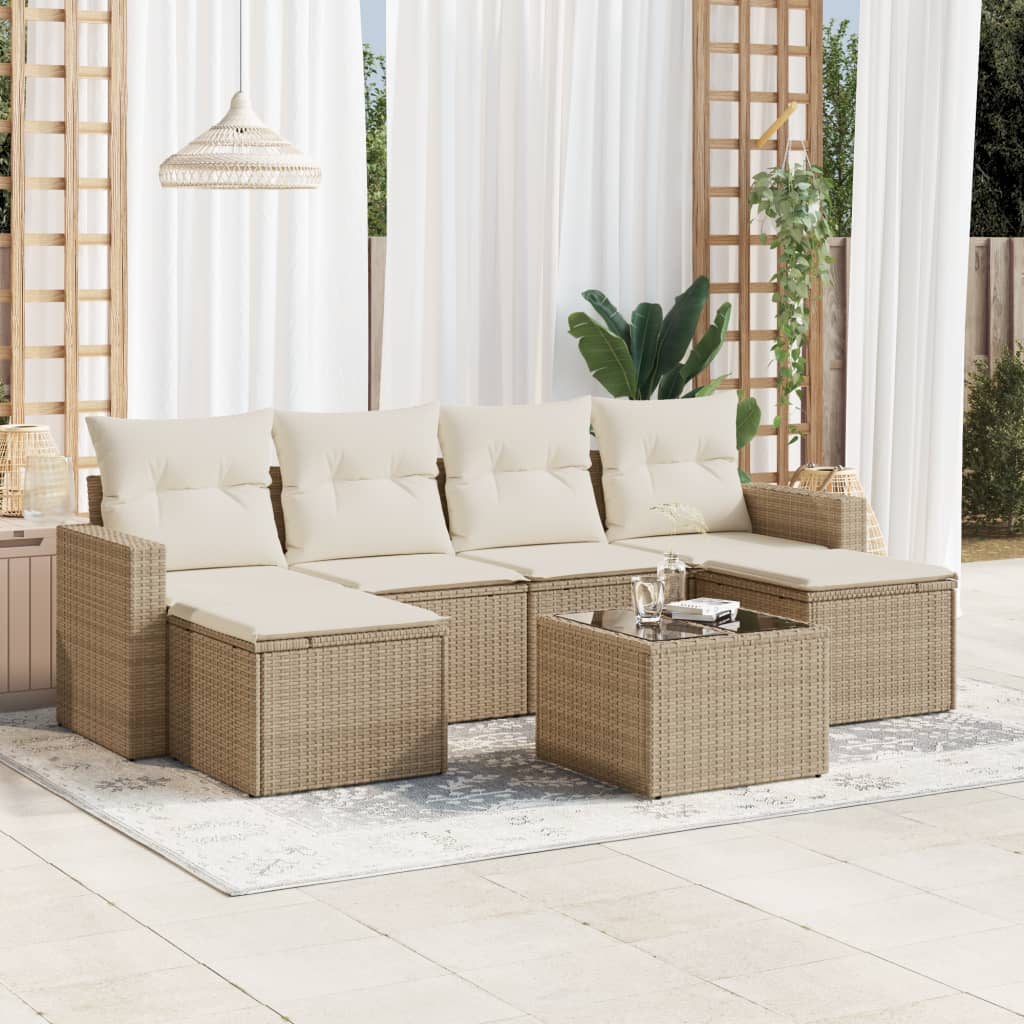 vidaXL 7-tlg. Garten-Sofagarnitur mit Kissen Beige Poly Rattan