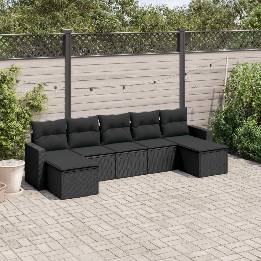 vidaXL 7-tlg. Garten-Sofagarnitur mit Kissen Schwarz Poly Rattan