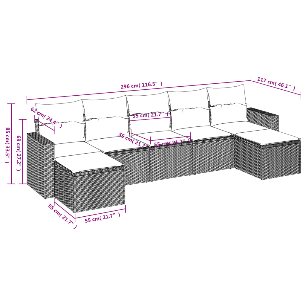 vidaXL 7-delige Loungeset met kussens poly rattan zwart afbeelding