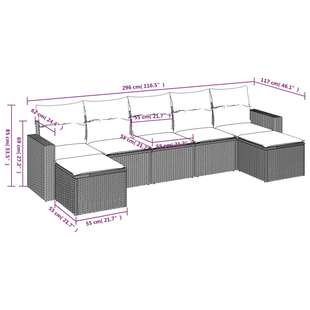 vidaXL 7-delige Loungeset met kussens poly rattan lichtgrijs afbeelding