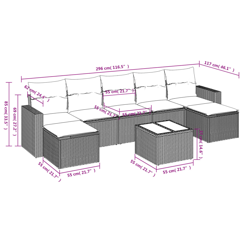 vidaXL 8-delige Loungeset met kussens poly rattan zwart afbeelding