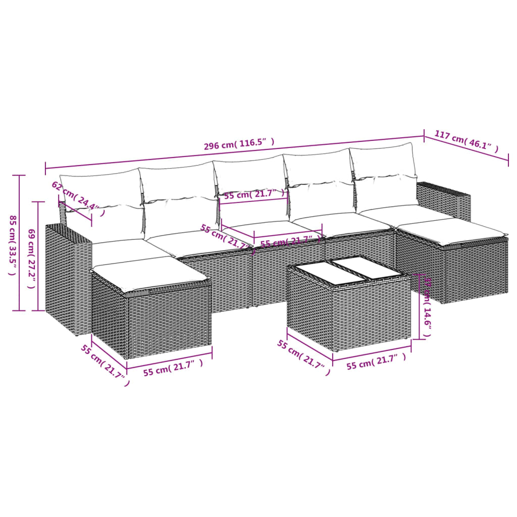 Set mobilier de grădină cu perne, 8 piese, negru, poliratan 3219336 - imagine 3