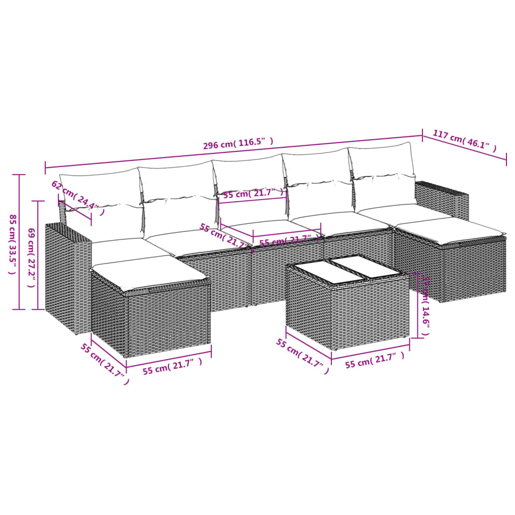 vidaXL 8-delige Loungeset met kussens poly rattan bruin