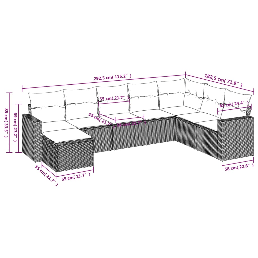 Set mobilier de grădină cu perne, 8 piese, negru, poliratan 3219345 - imagine 3