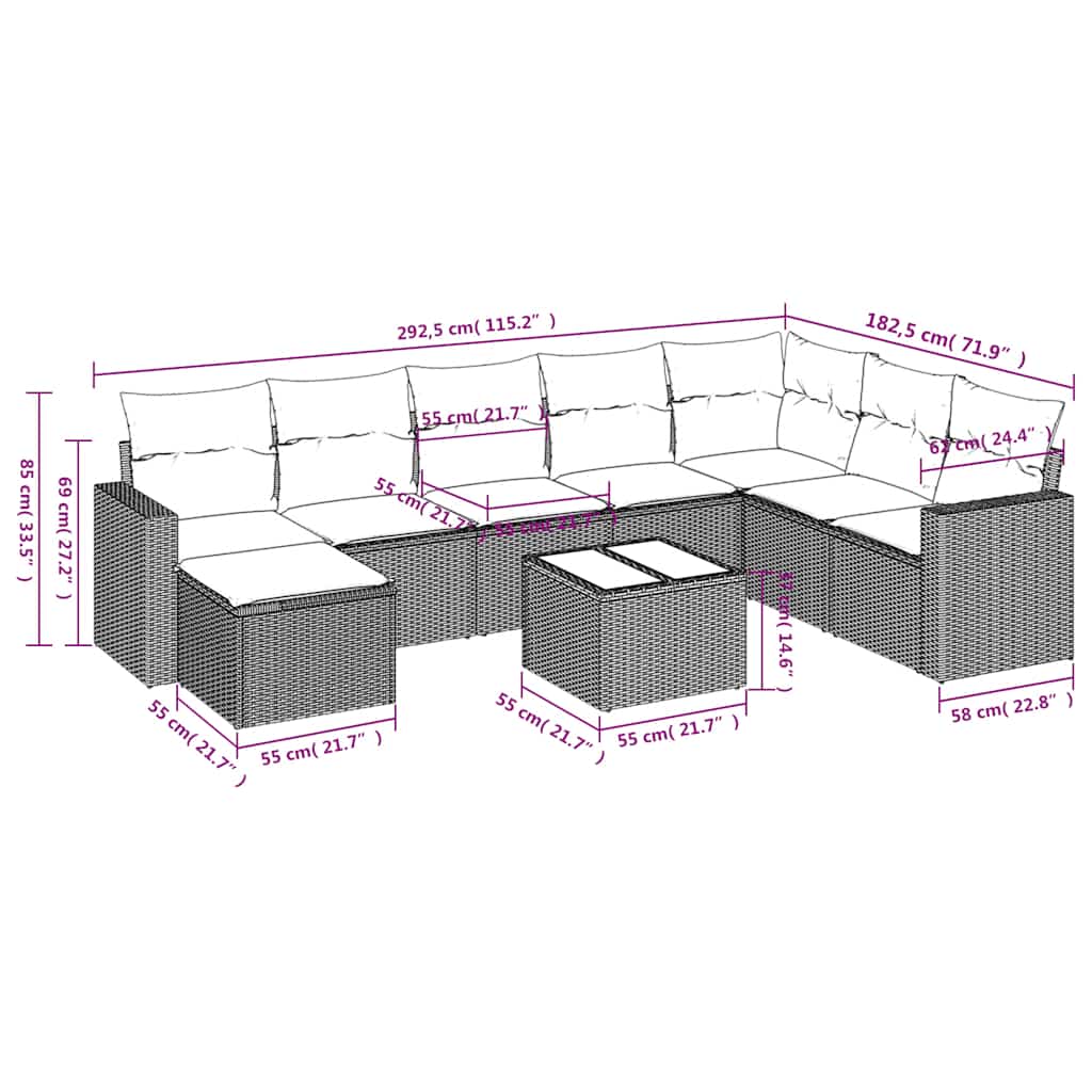 Set mobilier de grădină cu perne, 9 piese, negru, poliratan 3219355 - imagine 3