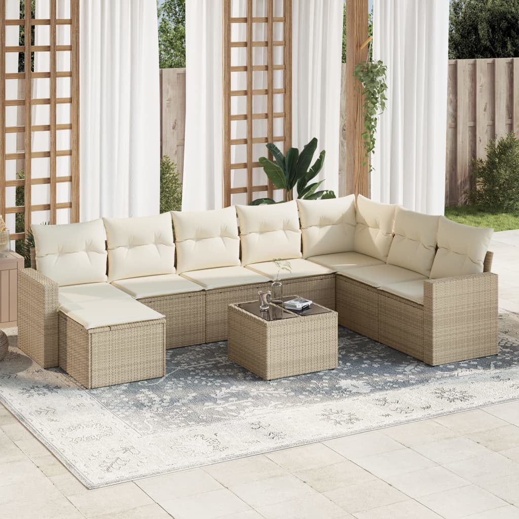 vidaXL 9-tlg. Garten-Sofagarnitur mit Kissen Beige Poly Rattan