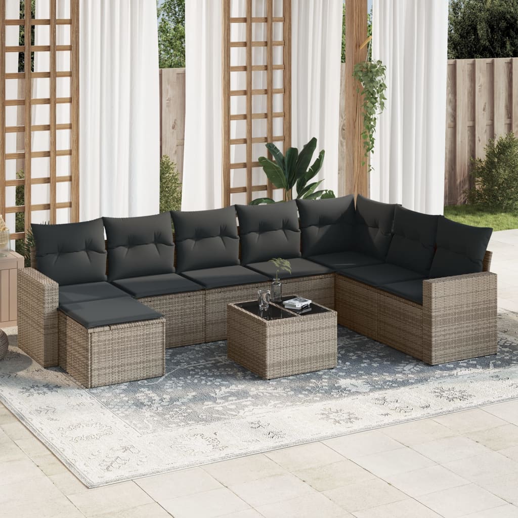 vidaXL 9-tlg. Garten-Sofagarnitur mit Kissen Grau Poly Rattan