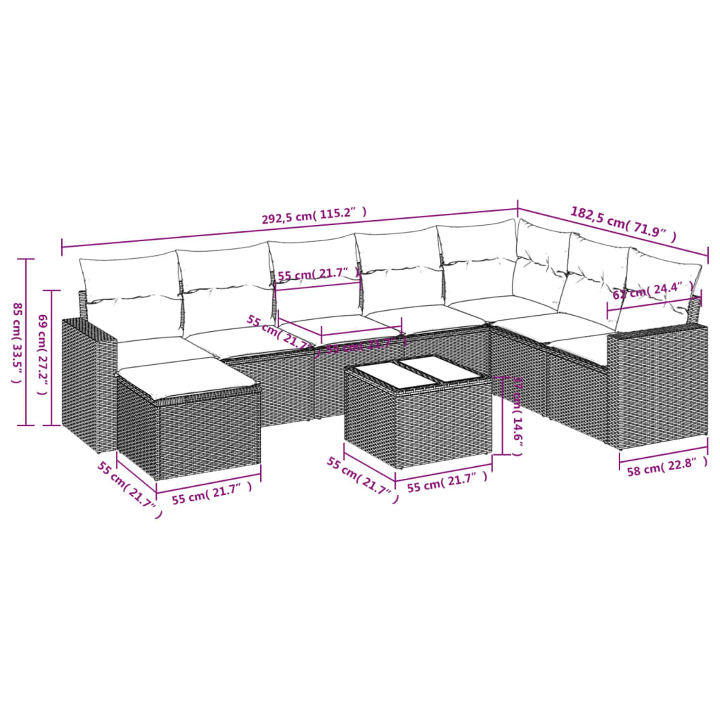 vidaXL 9-delige Loungeset met kussens poly rattan lichtgrijs afbeelding