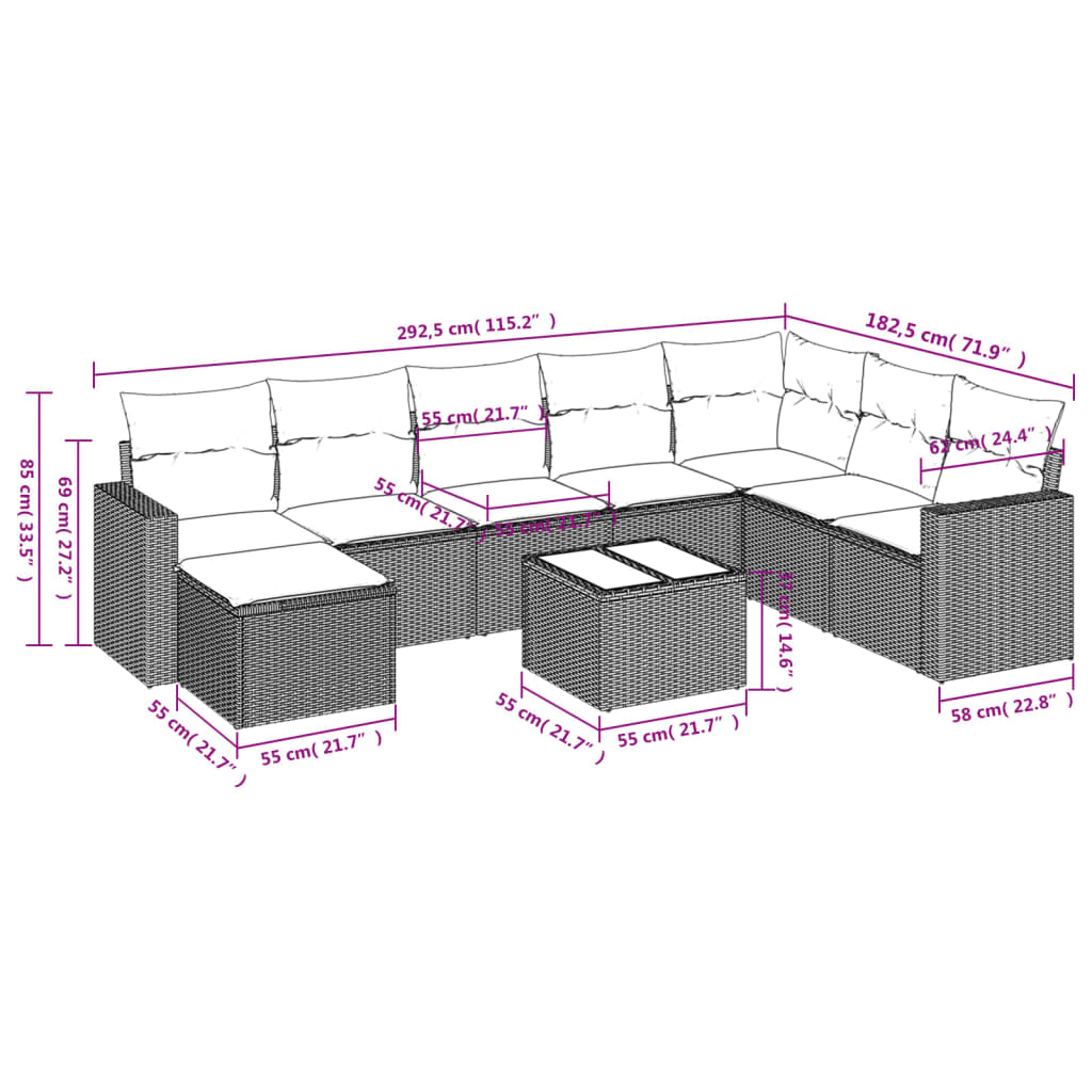 vidaXL 9-delige Loungeset met kussens poly rattan bruin