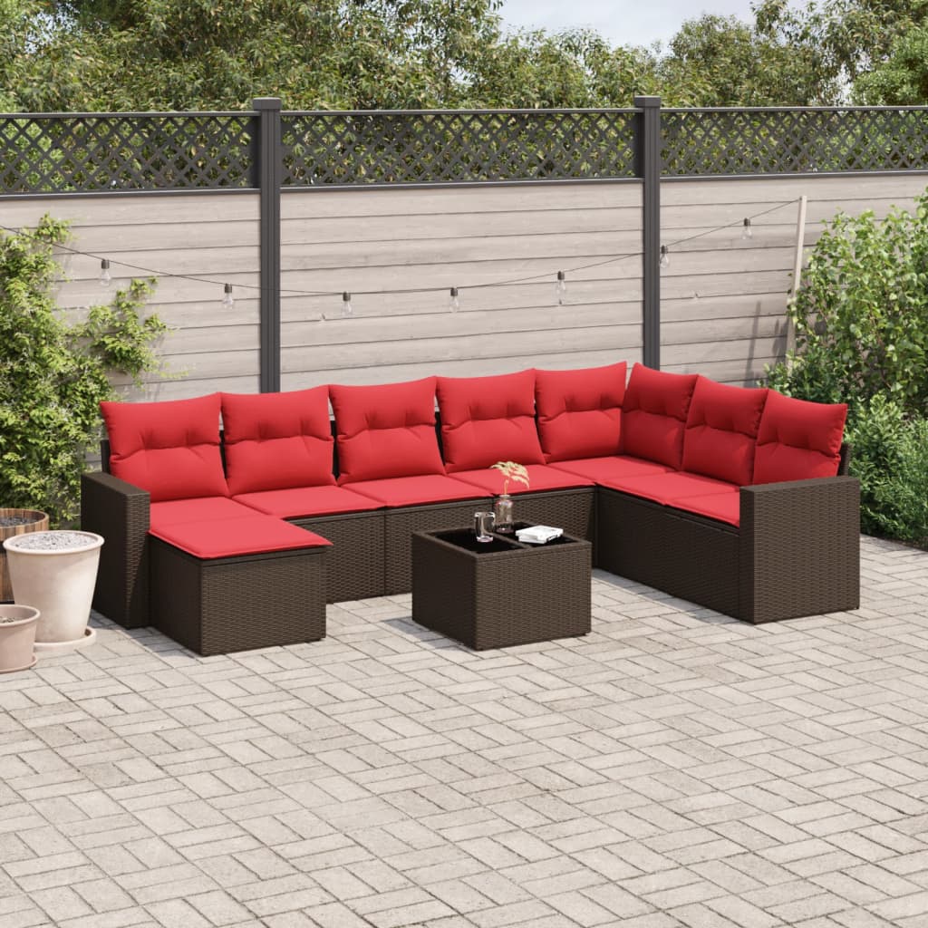 9 Piece Patio Sofa Set with Cushions Brown Poly Rattan