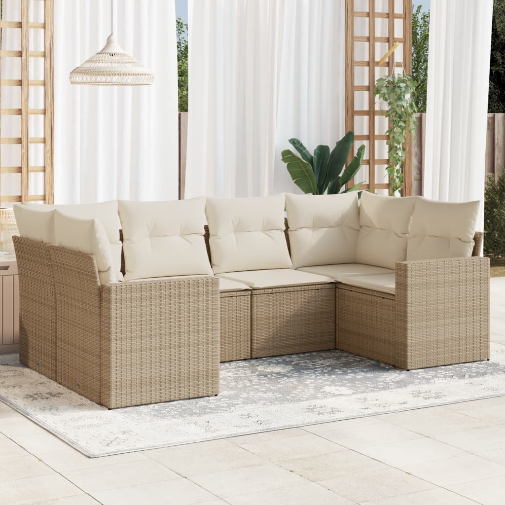 vidaXL 6-tlg. Garten-Sofagarnitur mit Kissen Beige Poly Rattan