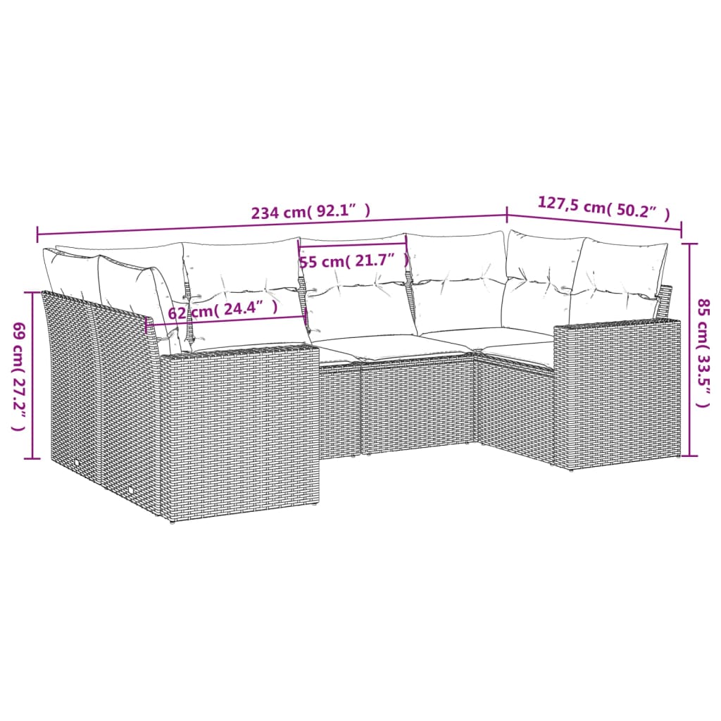 vidaXL 6-delige Loungeset met kussens poly rattan lichtgrijs afbeelding
