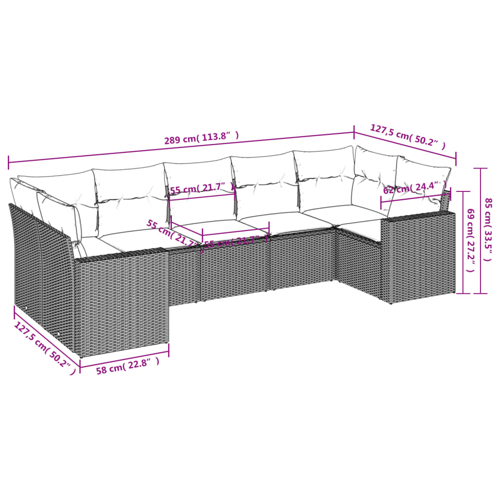 vidaXL 7-delige Loungeset met kussens poly rattan zwart afbeelding