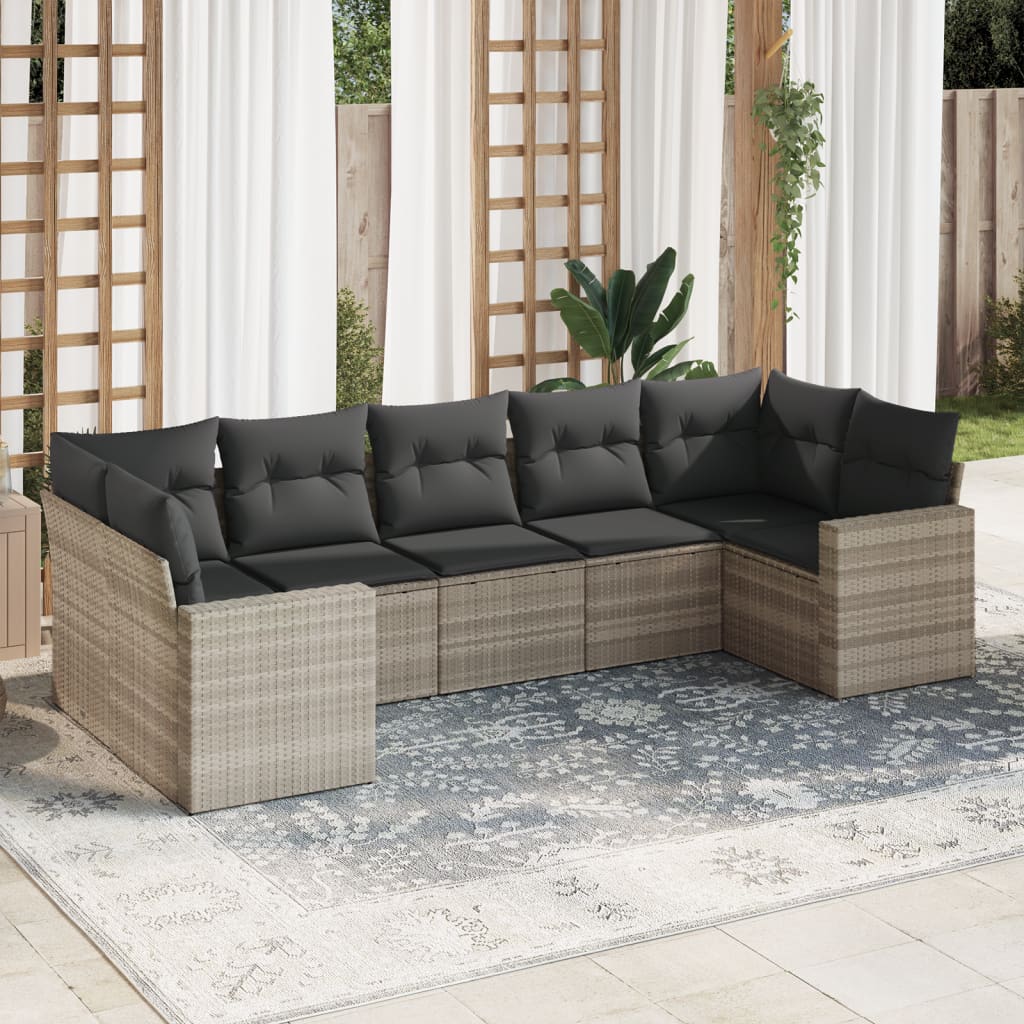 vidaXL 7-tlg. Garten-Sofagarnitur mit Kissen Hellgrau Poly Rattan