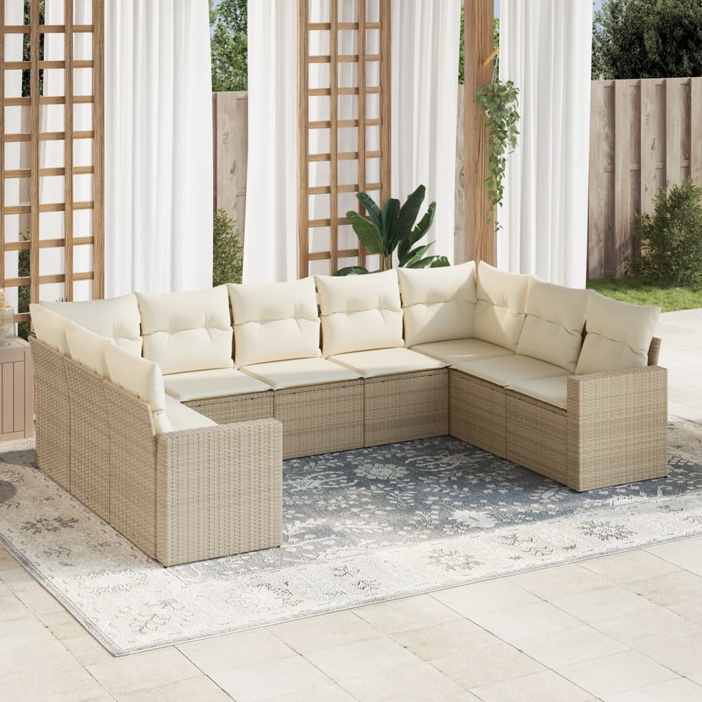 vidaXL 9-tlg. Garten-Sofagarnitur mit Kissen Beige Poly Rattan