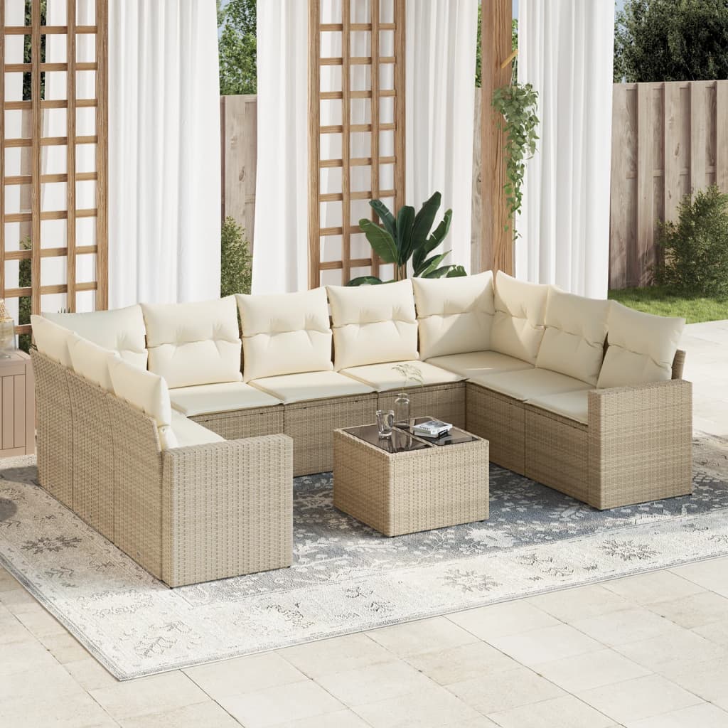 vidaXL 10-tlg. Garten-Sofagarnitur mit Kissen Beige Poly Rattan