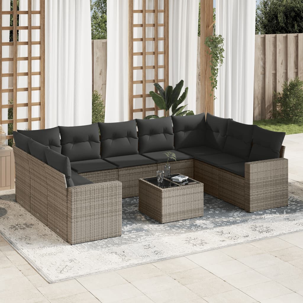 vidaXL 10-tlg. Garten-Sofagarnitur mit Kissen Grau Poly Rattan