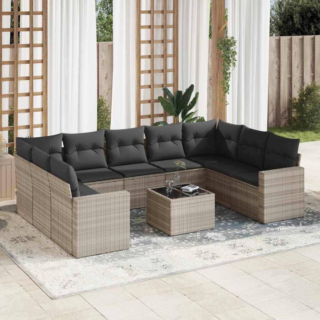 vidaXL 10-tlg. Garten-Sofagarnitur mit Kissen Hellgrau Poly Rattan