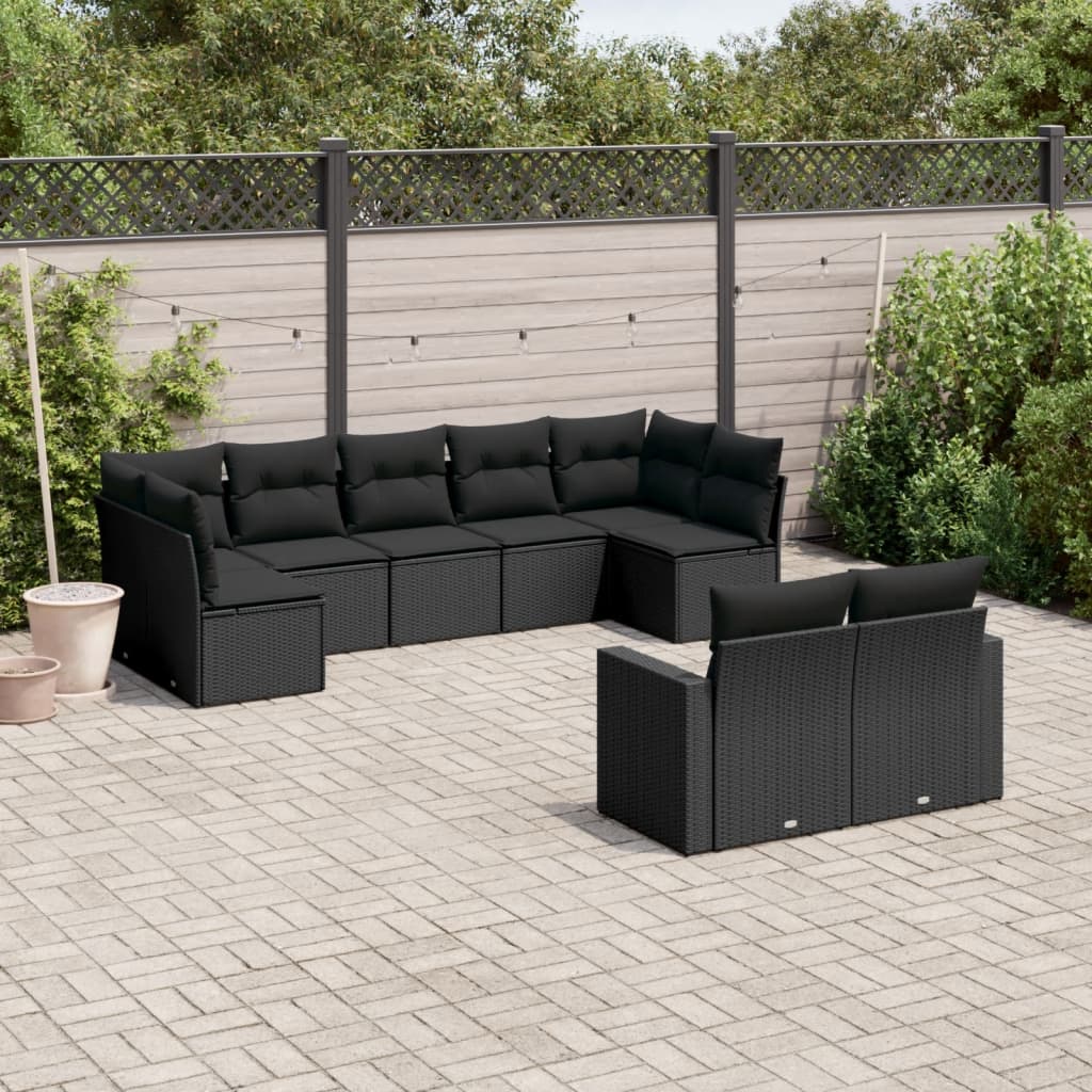 vidaXL 9-tlg. Garten-Sofagarnitur mit Kissen Schwarz Poly Rattan