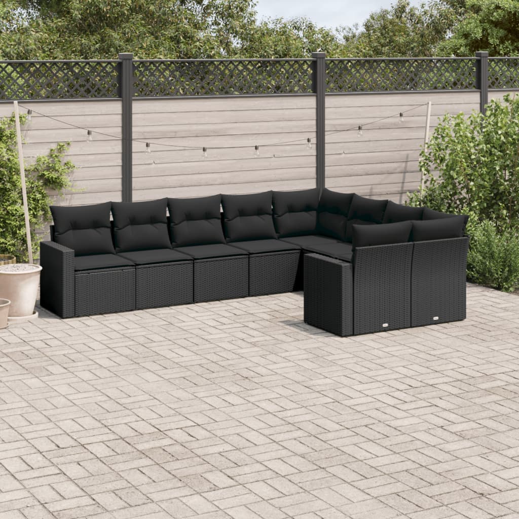 vidaXL 9-tlg. Garten-Sofagarnitur mit Kissen Schwarz Poly Rattan