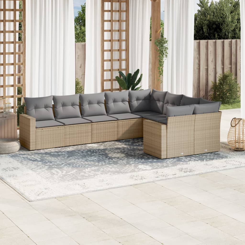 vidaXL 9-tlg. Garten-Sofagarnitur mit Kissen Beige Poly Rattan