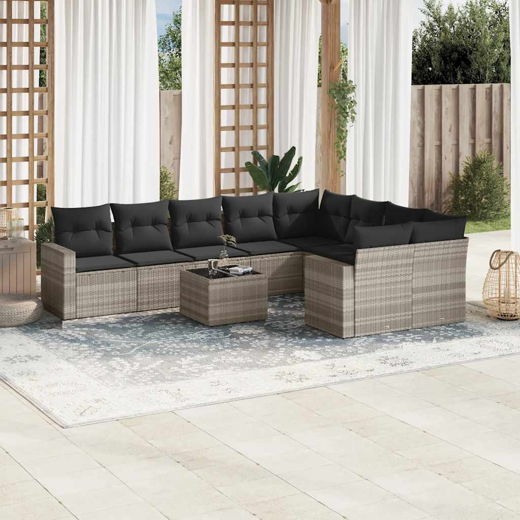 vidaXL 10-tlg. Garten-Sofagarnitur mit Kissen Hellgrau Poly Rattan