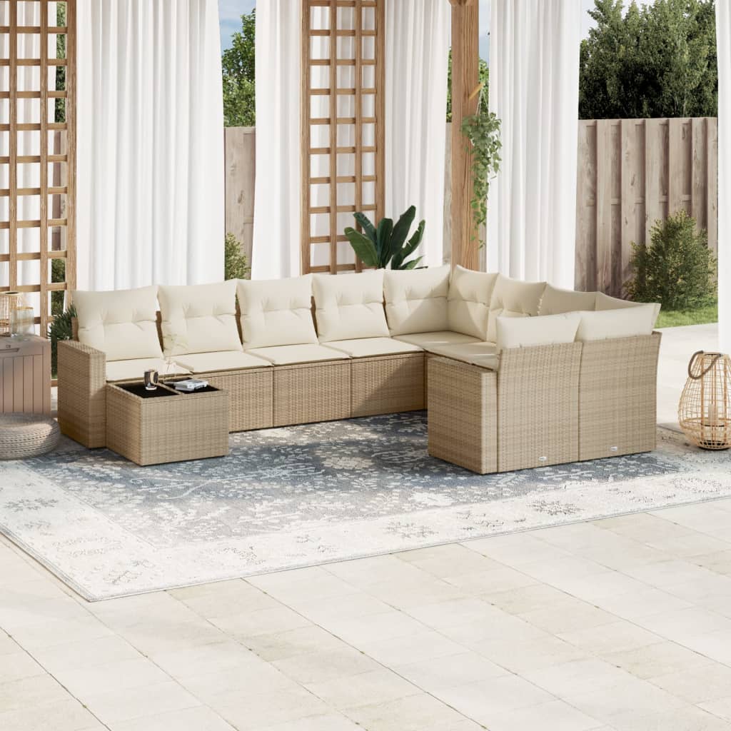 vidaXL 10-tlg. Garten-Sofagarnitur mit Kissen Beige Poly Rattan